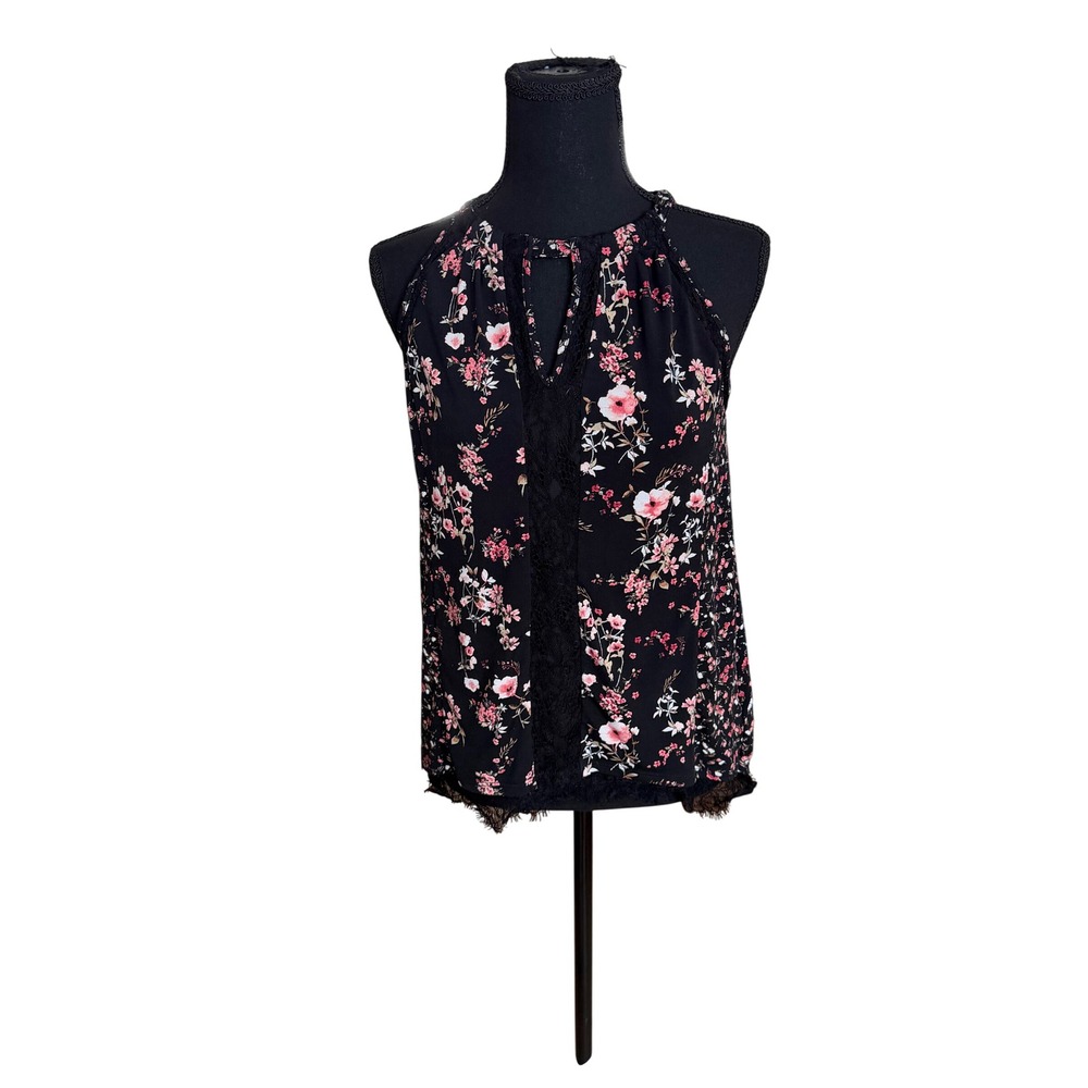 White House Black Market Floral Halter Top Black Pink Lace Trim‎ XS